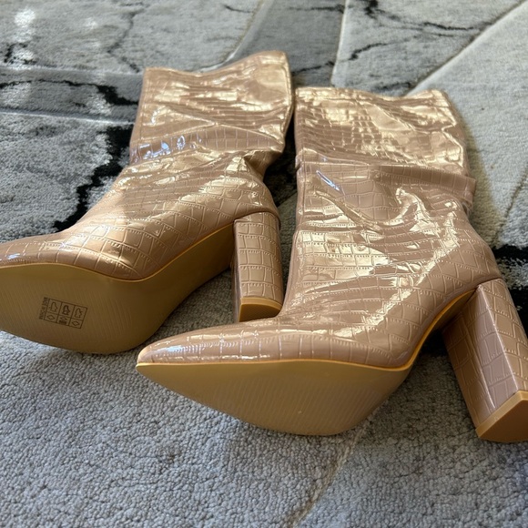 Patent Croc-Embossed Knee Boots in Nude - Women's Fashion Boots - Picture 2 of 4